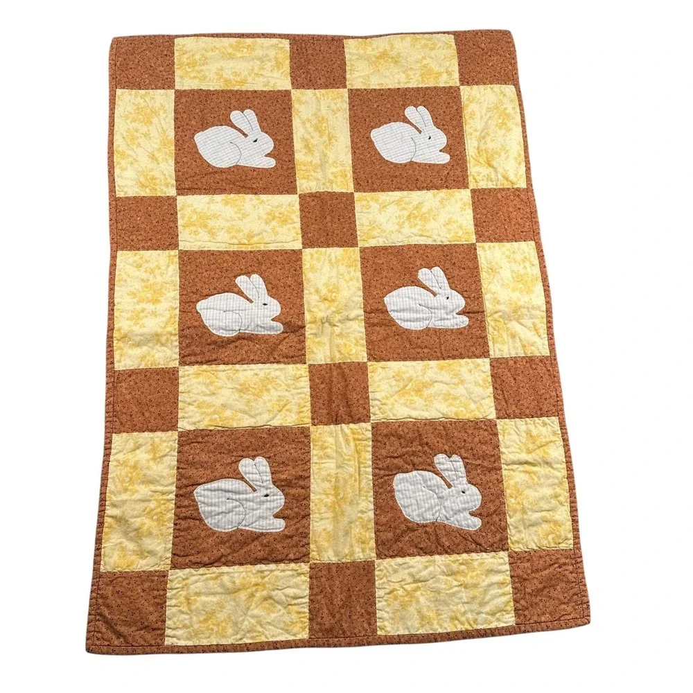 Tender Loving Quilters Handmade Baby Quilt Bunny Rabbit Stars Brown Yellow 25x36
